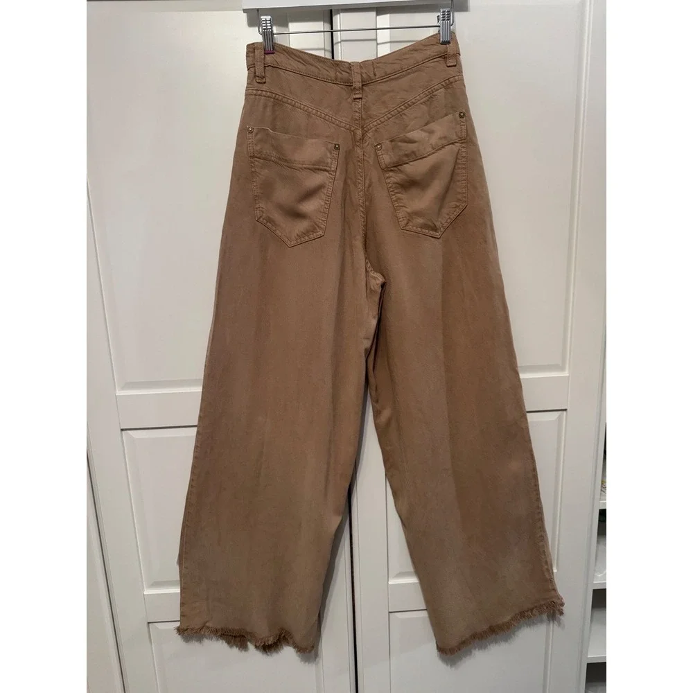 Free People We The Free Old West Slouchy Wide Leg Frayed Hem Jeans Tan Brown 26